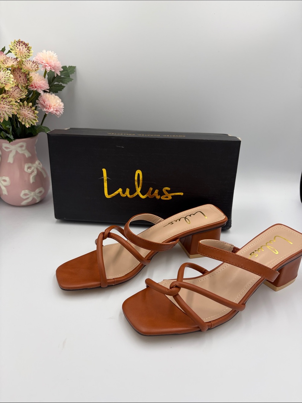 Lulu's Cognac Strappy Mid Block Heel Sandals